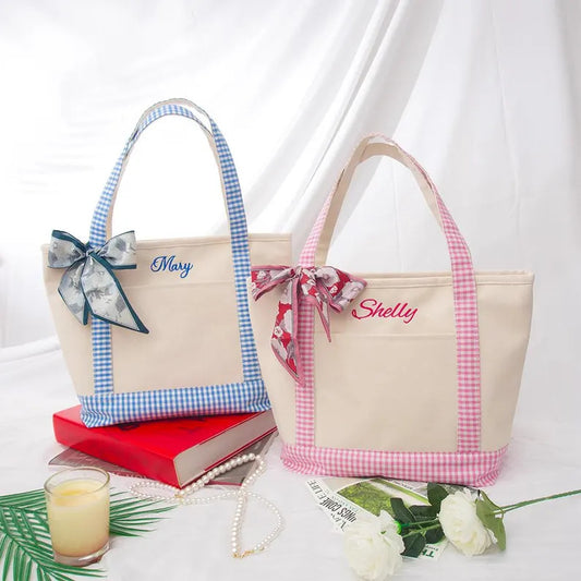 Custom Name Gingham Trimmed Tote