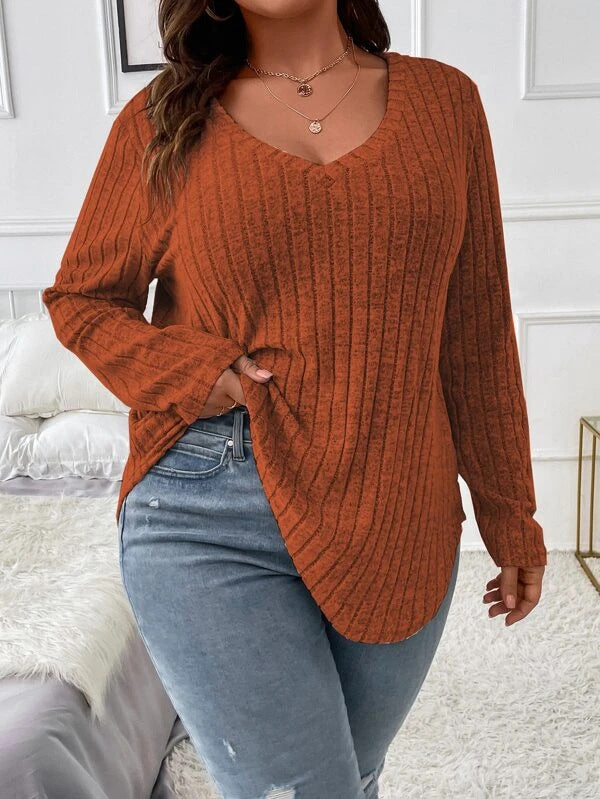 Plus Size V-Neck Long Sleeve T-Shirt