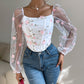 Floral Embroidery Off Shoulder Lantern Sleeve Curved Hem Top