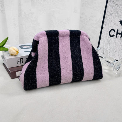 Striped Plush Kiss Lock Clutch Bag