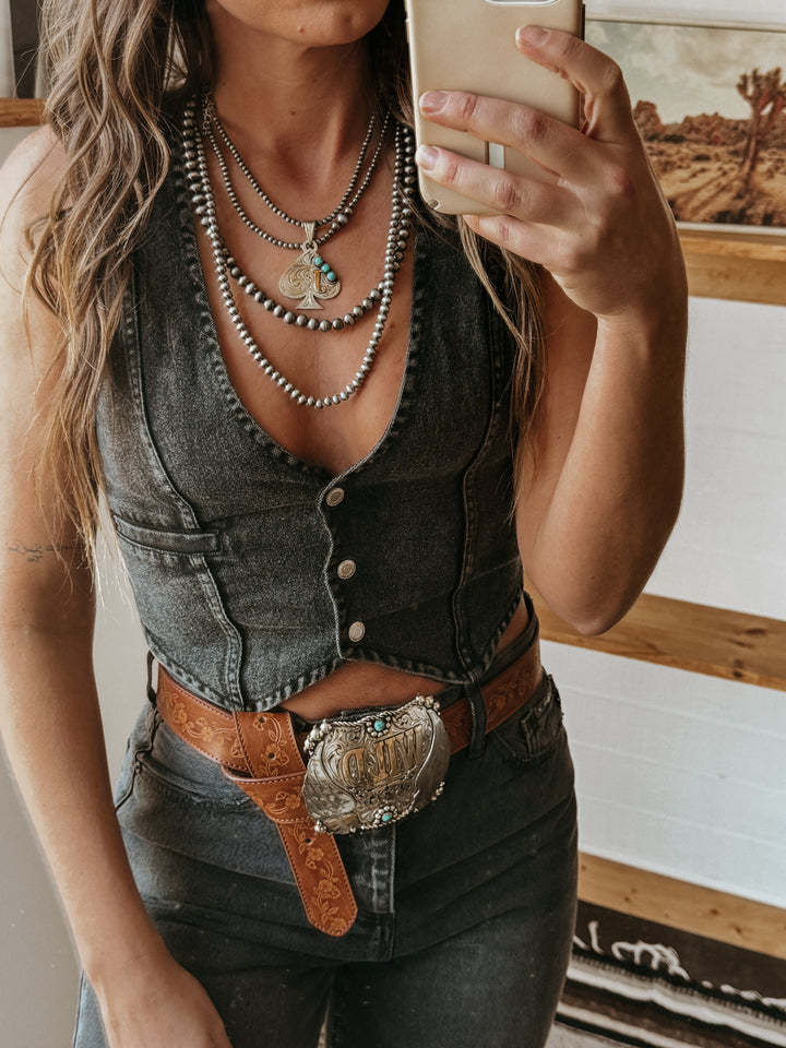 Western Button V Neck Denim Vest Top