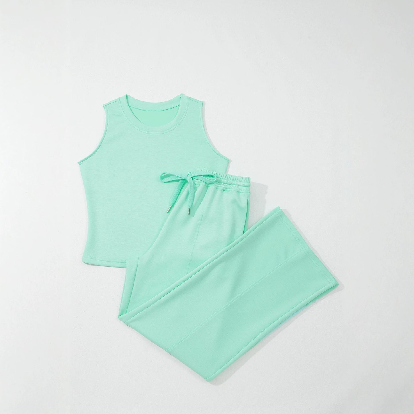 Moonlight Jade Drawstring Elastic Waistband Solid Color Two Piece Casual Set