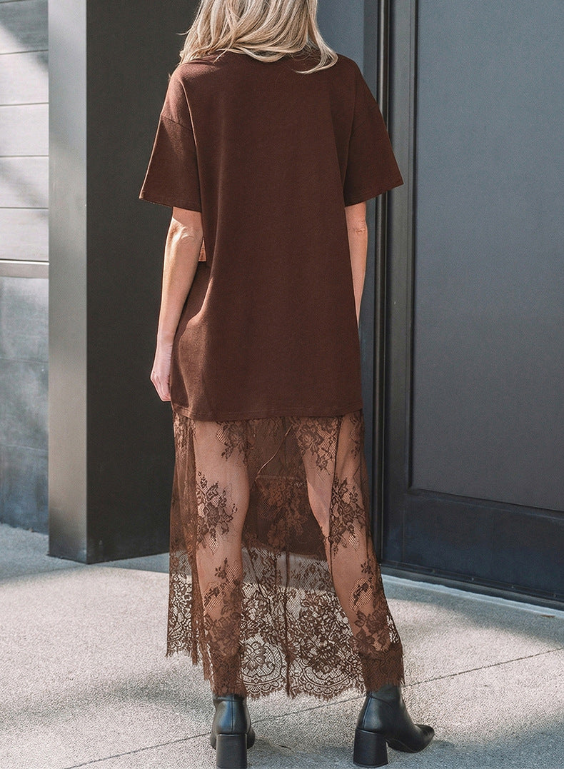 Floral Patchwork Short Sleeve T Shirt Loose Maxi Dress