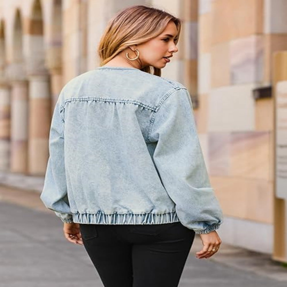 Women's Light Blue Round Neck Zipper Denim Jacket