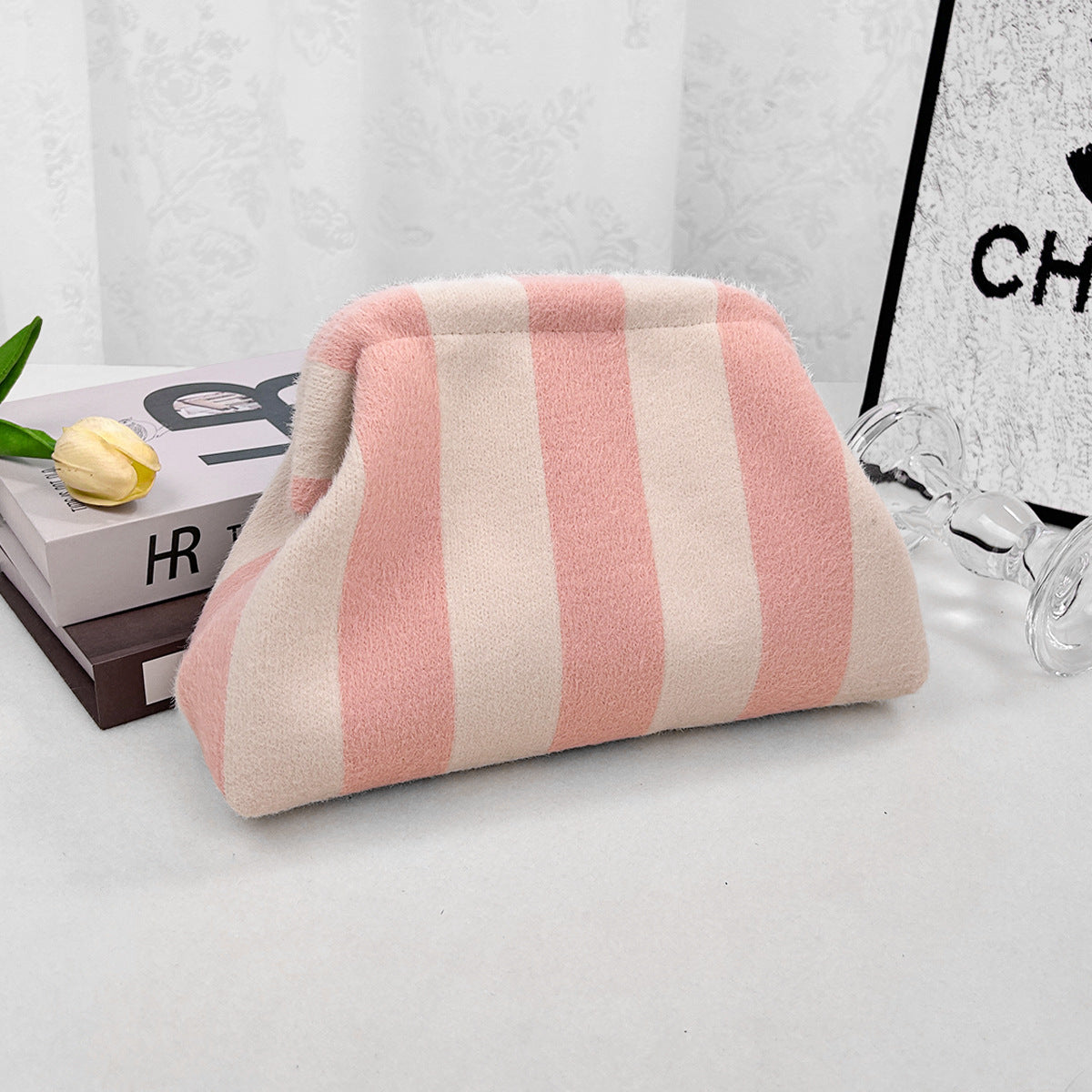 Striped Plush Kiss Lock Clutch Bag