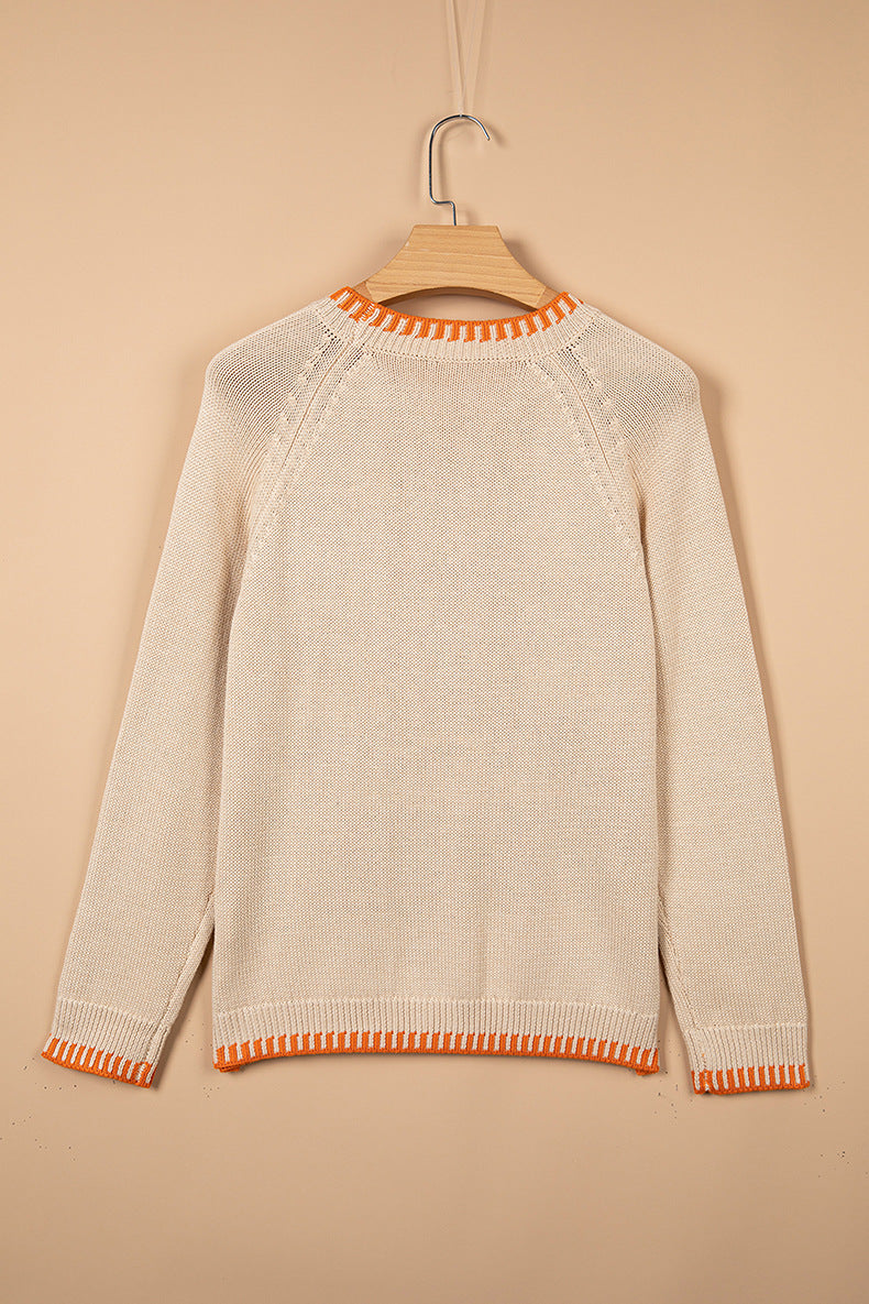 Parchment Floral Embroidery Pumpkin Long Sleeve Round Neck Sweater