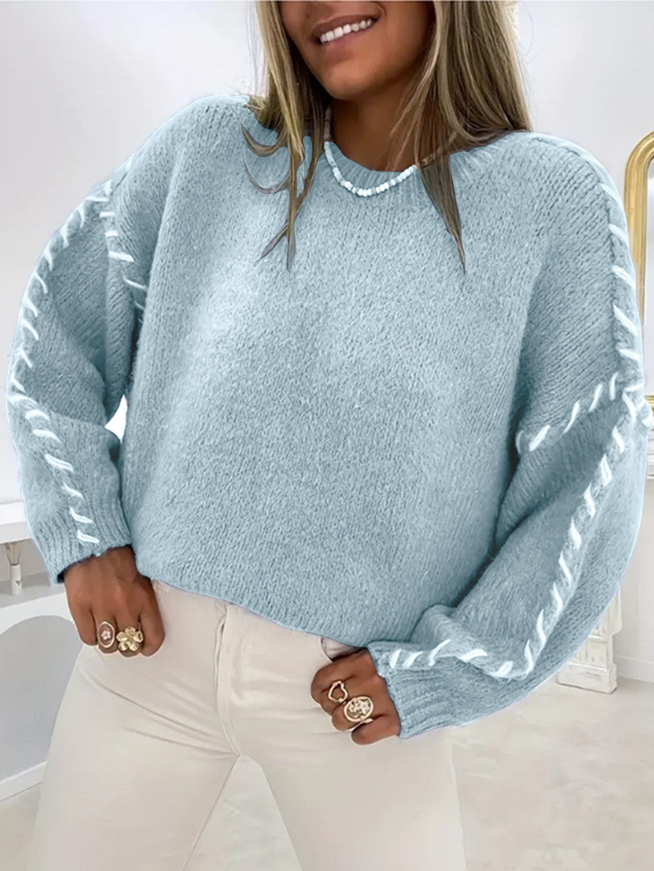 Solid Color Crew Neck Long-sleeved Pullover Sweater