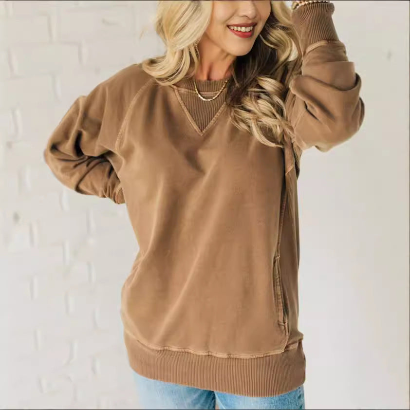 Ribbed Accent Pocketed Pullover