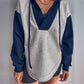 Light Grey Color Block Patchwork V Neck Drawstring Hoodie