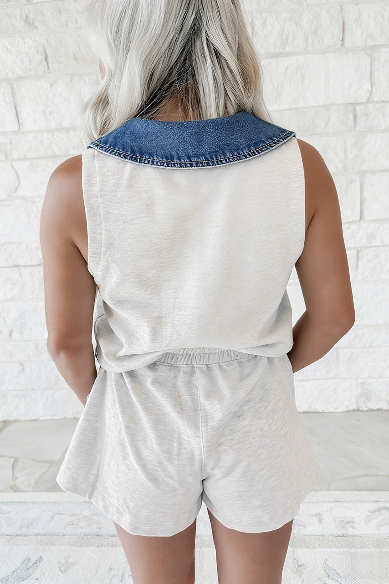Denim Patchwork Polo Collar Elastic Waist Sleeveless Romper