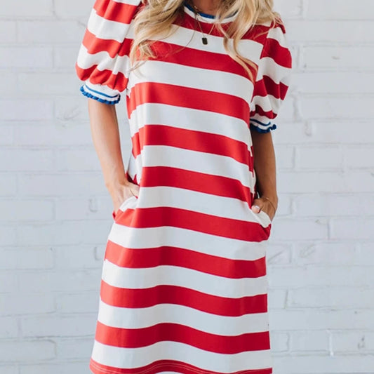 Contrast Trim Round Neck Short Puff Sleeve Shift Mini Dress
