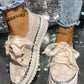 Ribbon Tie Stitch Detail Lace Flat Shoes