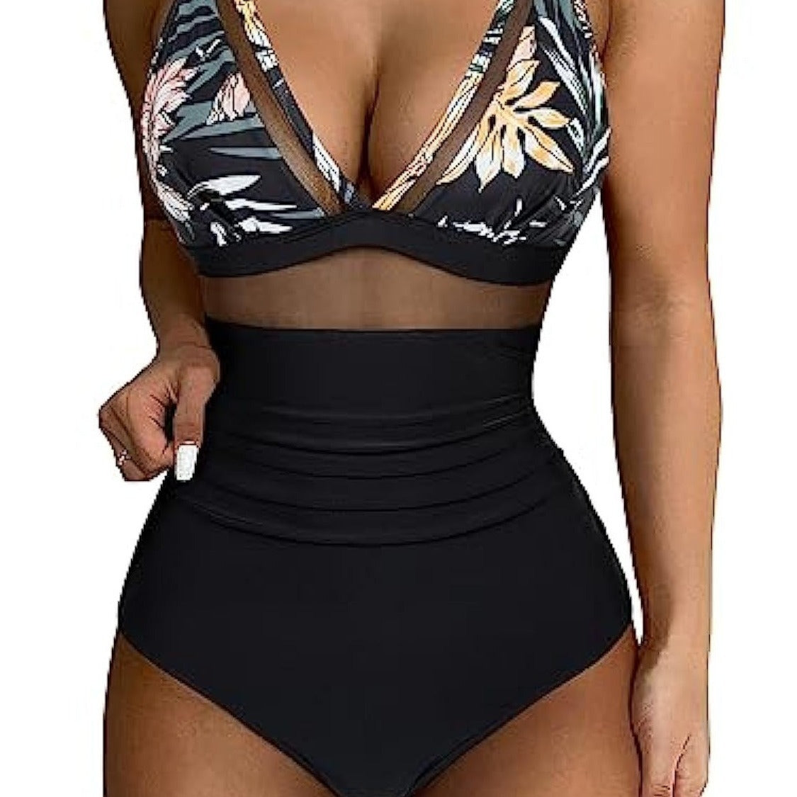 Leopard Mesh Insert V Neck High Waist Monokini