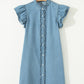 Sandalwood Frilled Detail Button Down Ruffle Short Sleeve Denim Mini Dress