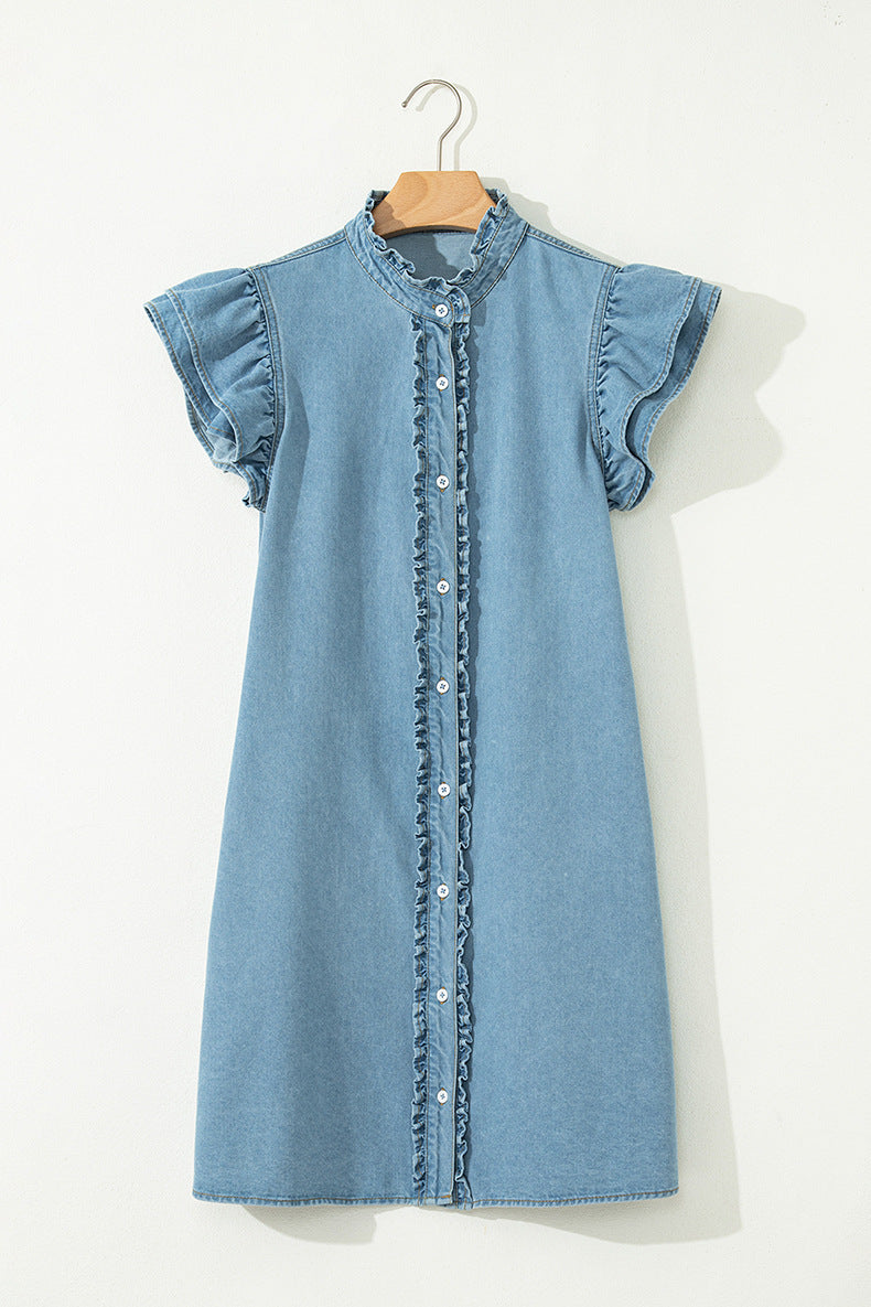 Sandalwood Frilled Detail Button Down Ruffle Short Sleeve Denim Mini Dress