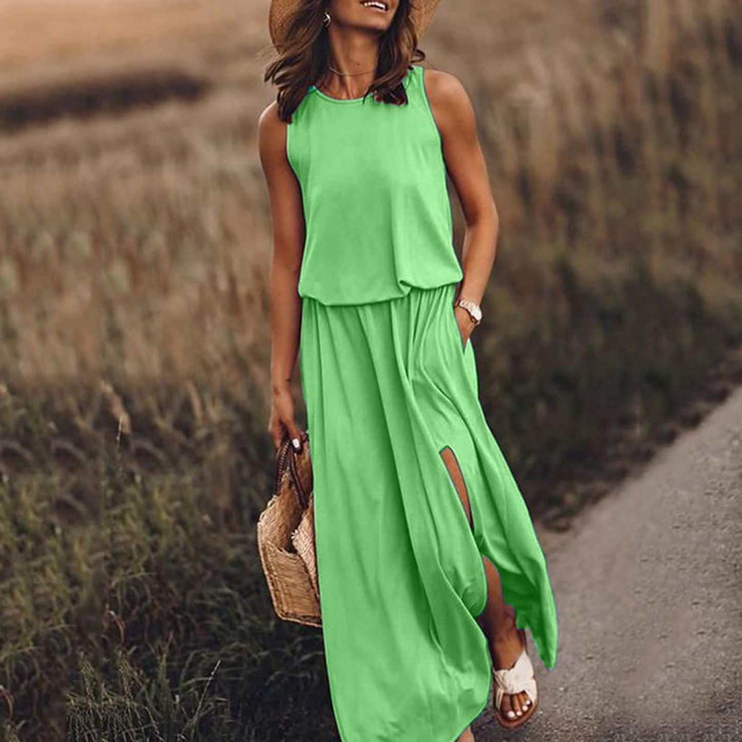 Round Neck Sleeveless Slit Dress