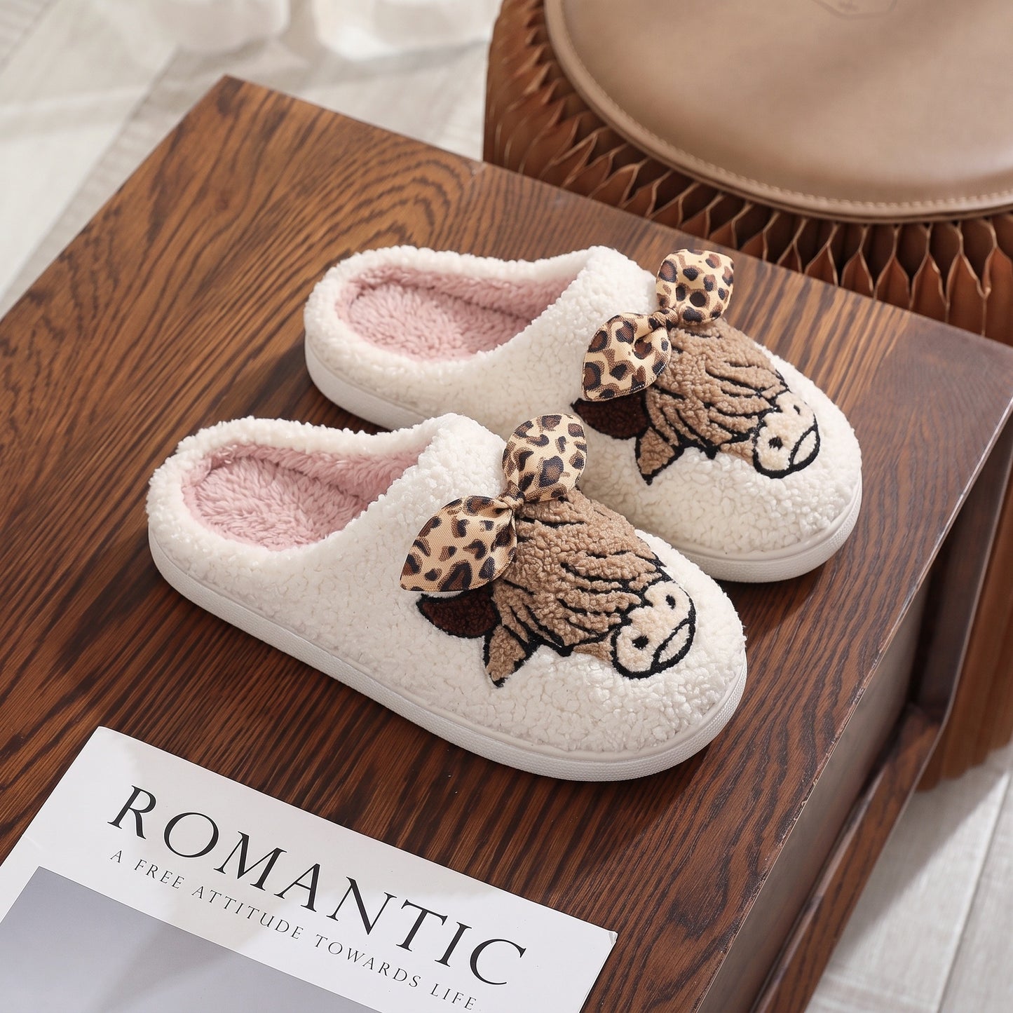 Highland Cow with Leopard Bow Slippers