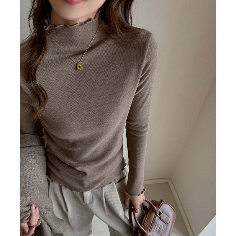 Ribbed Knit Lettuce Trim Long Sleeve Mock Neck Top