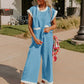 Color Block Pocketed T Shirt and Wide Leg Pants Set