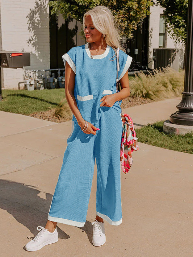 Color Block Pocketed T Shirt and Wide Leg Pants Set