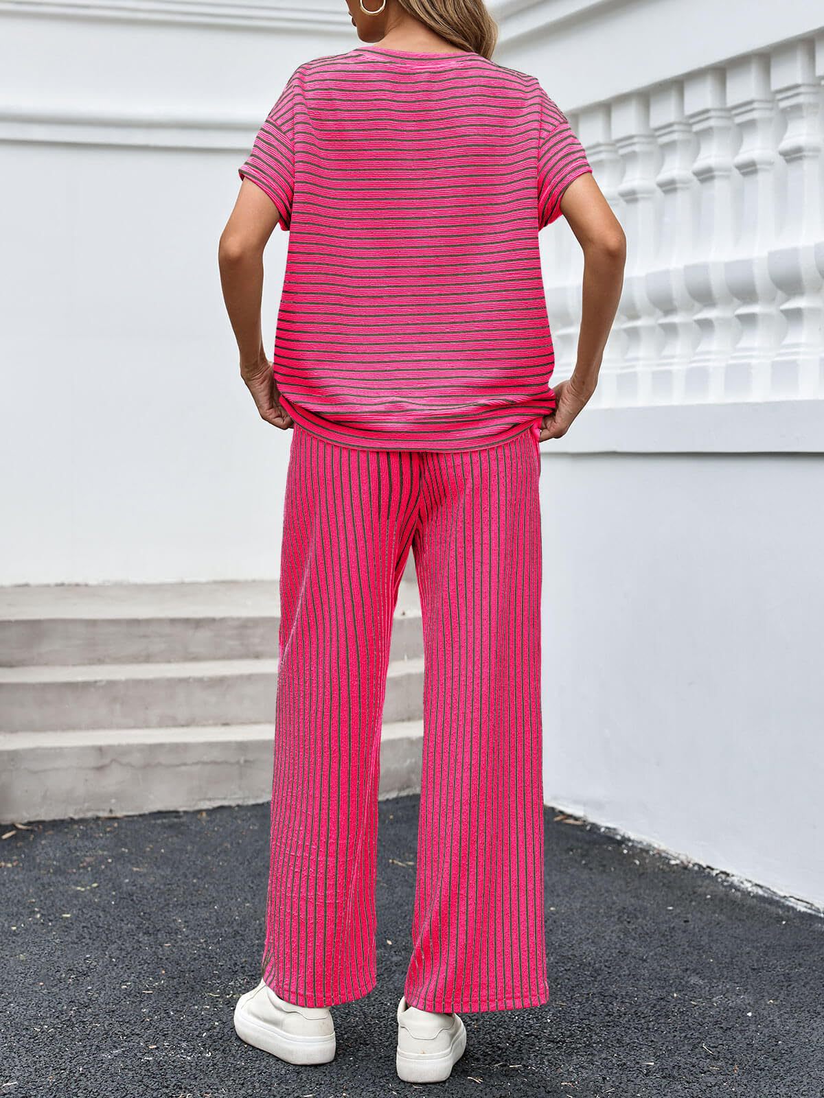 Stripe Round Neck Tee and Pant Set