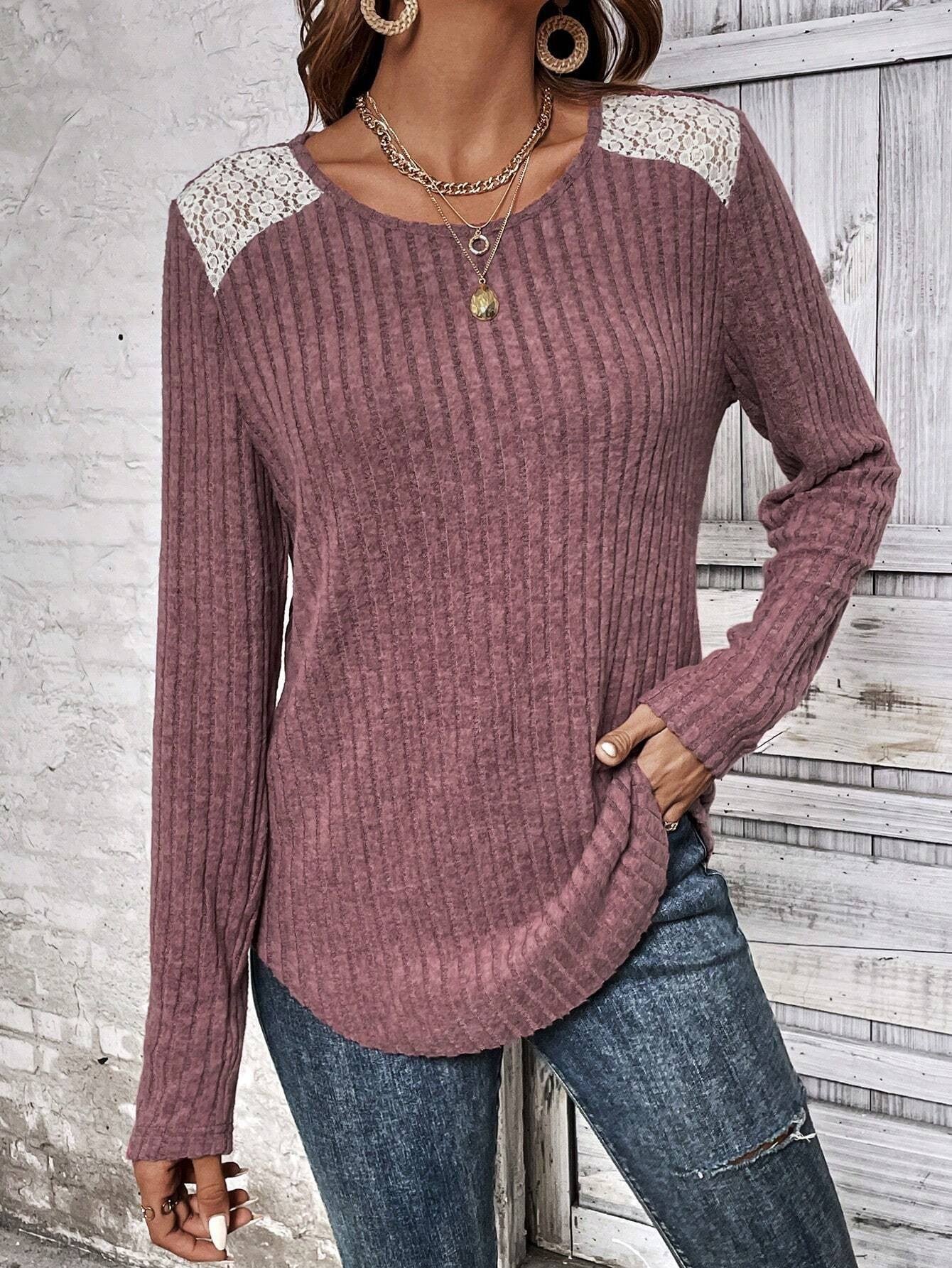 Ribbed Brushed Lace Long-sleeve Top