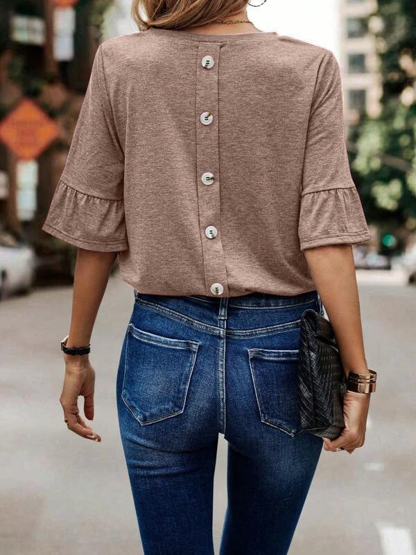 Solid Button Ruffle Sleeve T-shirt