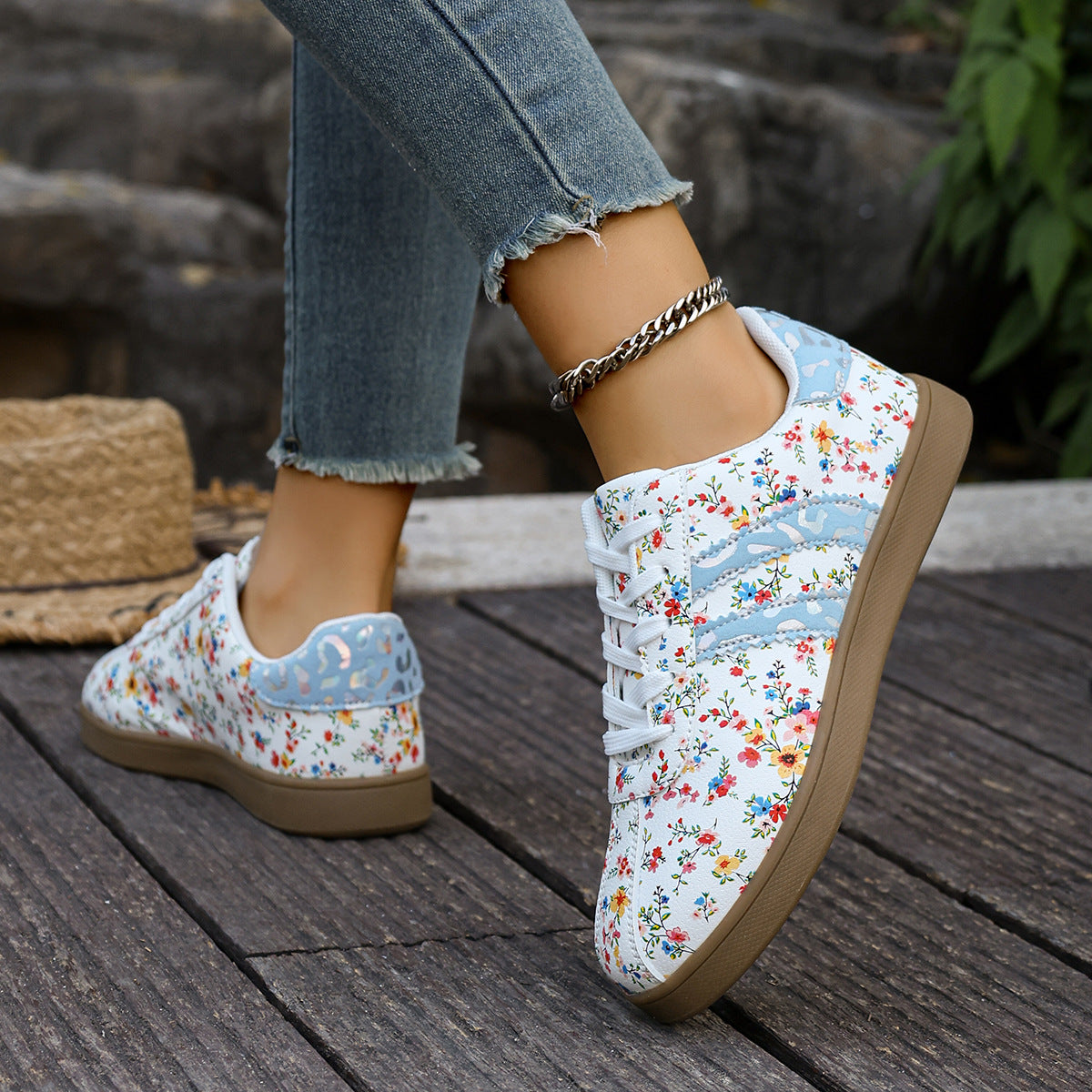 Floral Print Color Block Detail Lace Up Shoes