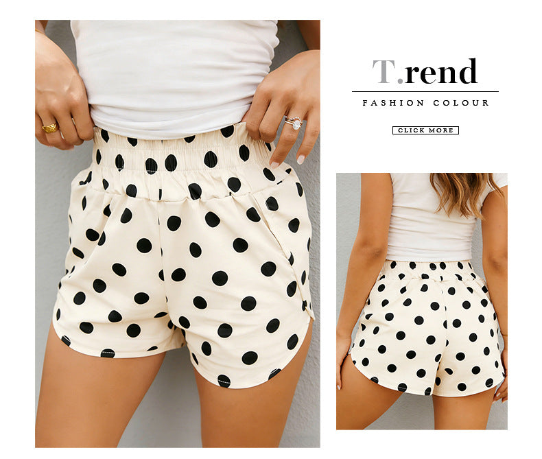 Polka Dot Print Shirred High Waist Casual Shorts