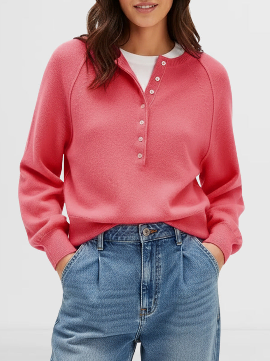 Crew Neck Button Front Knit Pullover