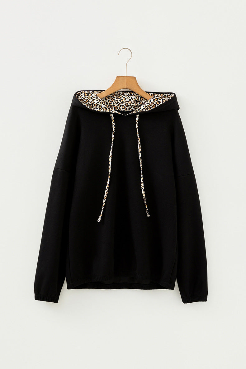 Elastic Cuffs Leopard Contrast Drawstring Hoodie