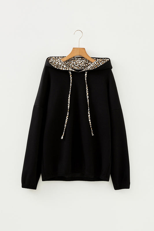 Elastic Cuffs Leopard Contrast Drawstring Hoodie
