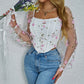 Floral Embroidery Off Shoulder Lantern Sleeve Curved Hem Top