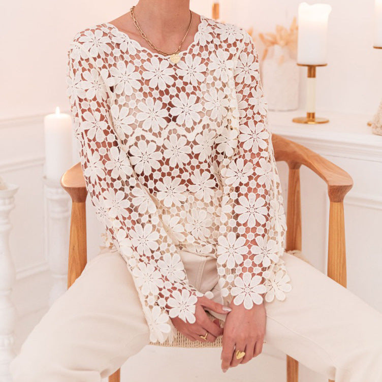 Floral Crochet Cutout Long Sleeve Blouse