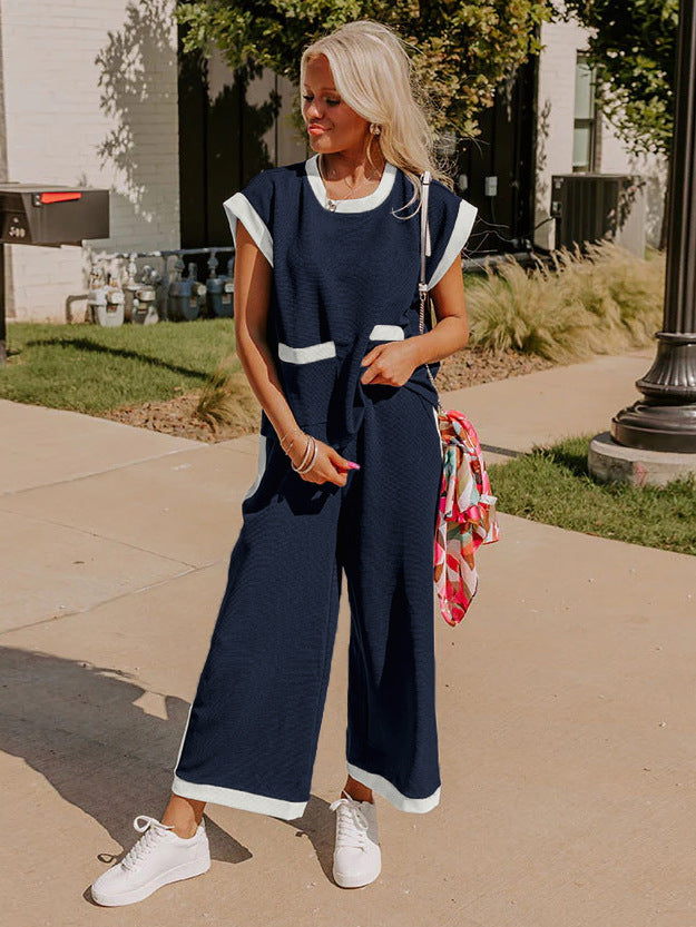 Color Block Pocketed T Shirt and Wide Leg Pants Set