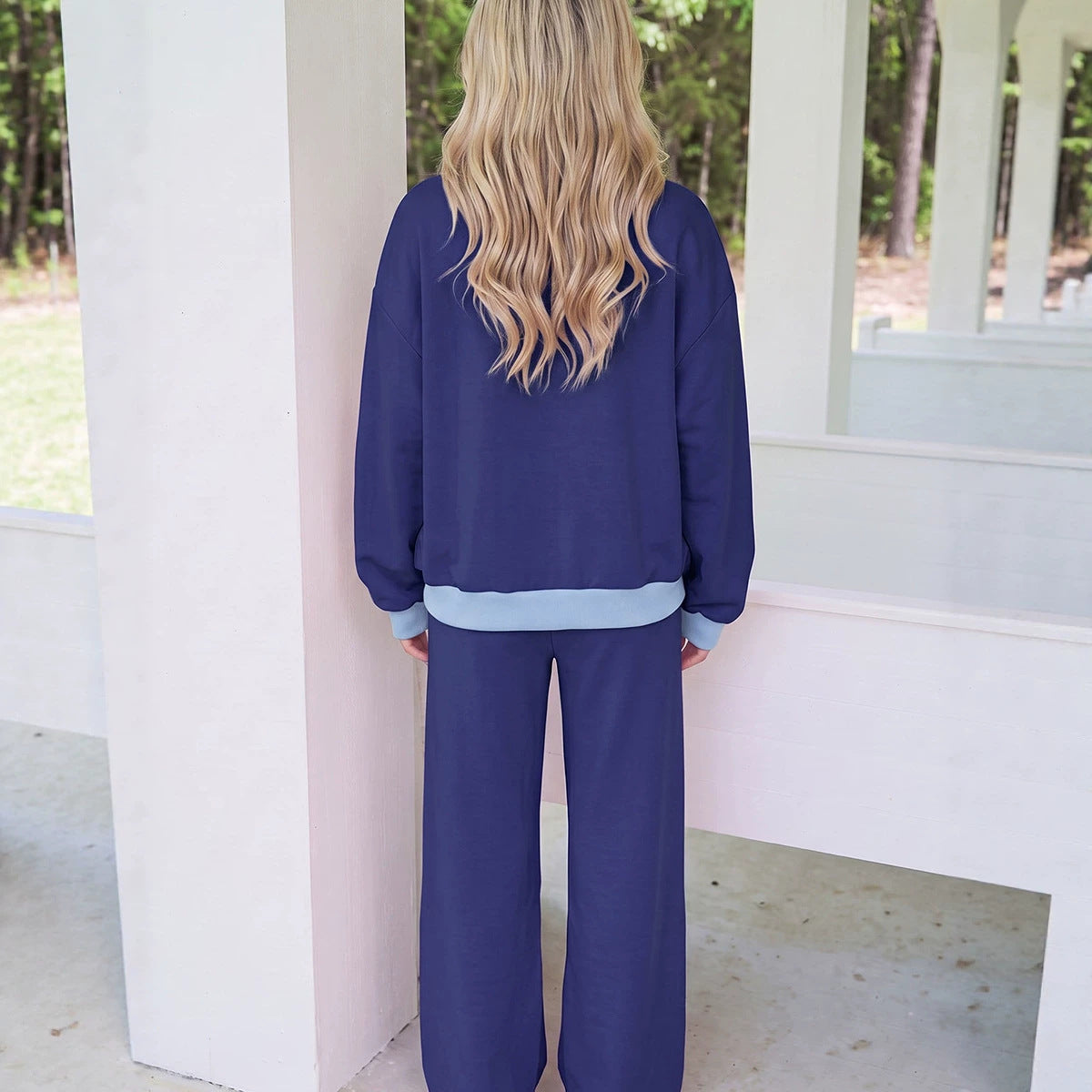 Block Trim Long Sleeve Pullover Drawstring Shift Pants Set