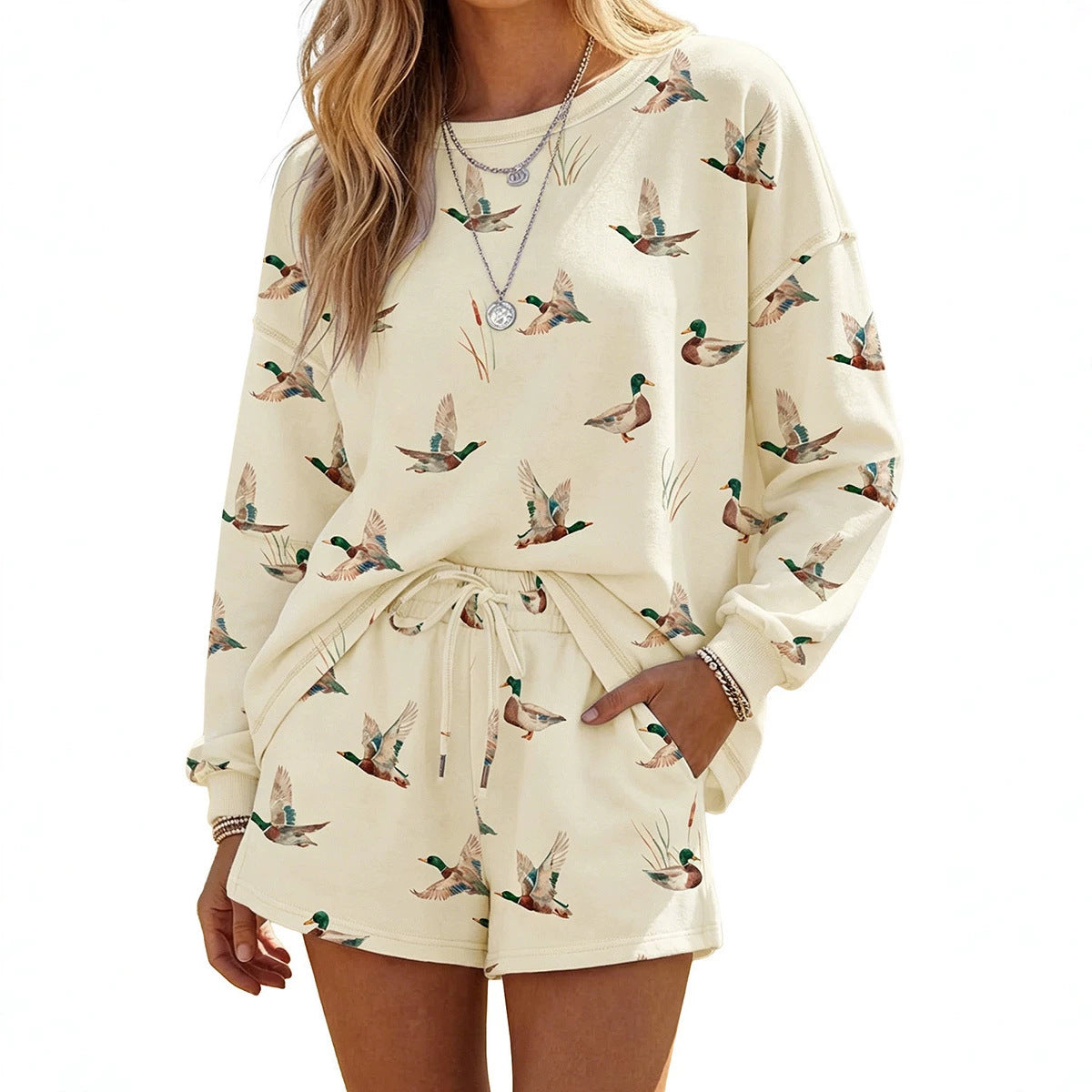 Beige Free Mallard Print Long Sleeve Top Drawstring Short Set