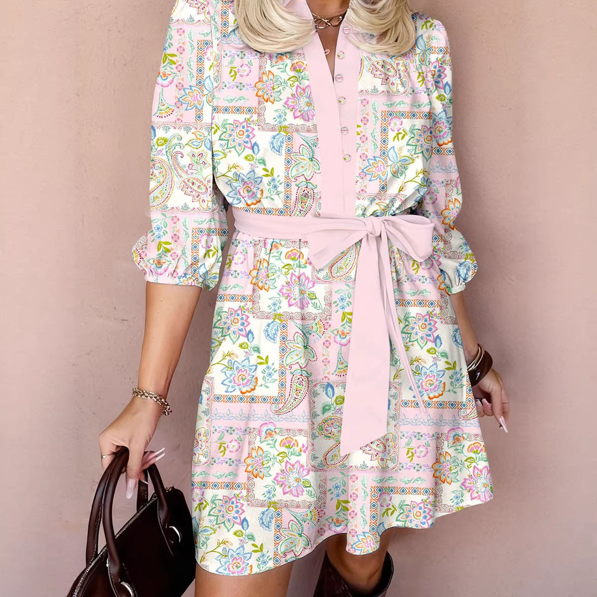 Pink Boho Floral Print Color Block Trim Half Button Belted Mini Dress
