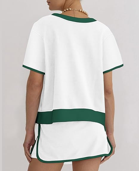 2Pcs Set Colorblock Edge Drop Shoulder T Shirt and Skirt