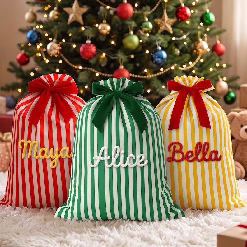 Custom Personalized Striped Christmas Drawstring Gift Sack