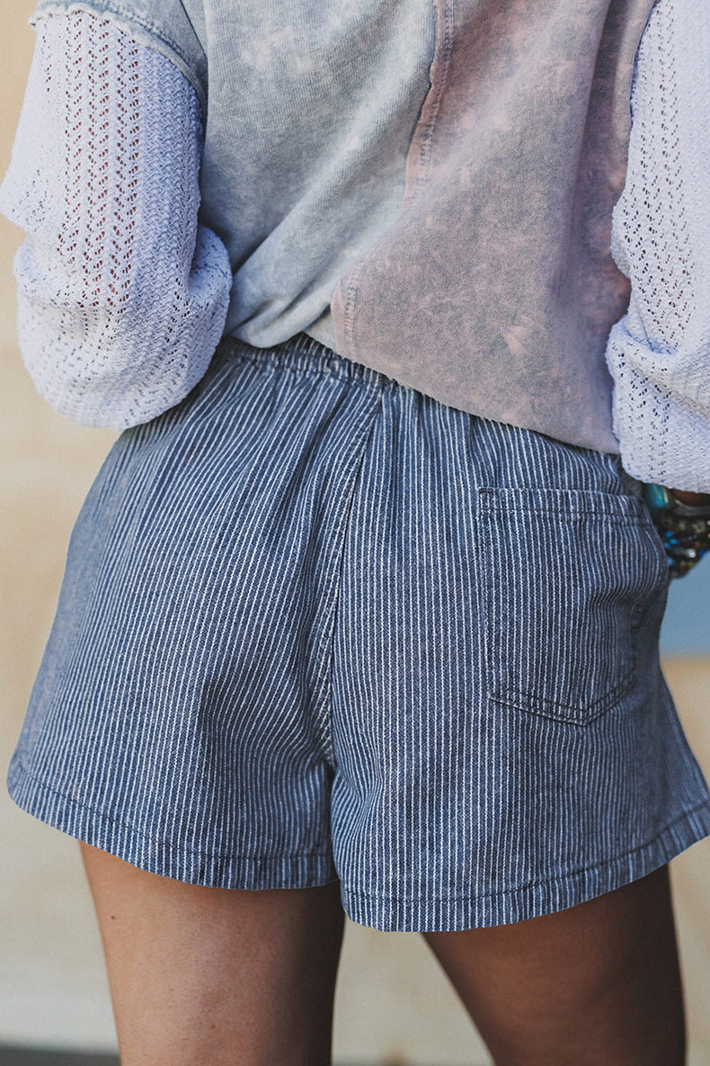 Stripe Drawstring Elastic Waist Casual Denim Shorts