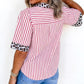 Red Stripe Leopard Contrast Trim Half Button Blouse