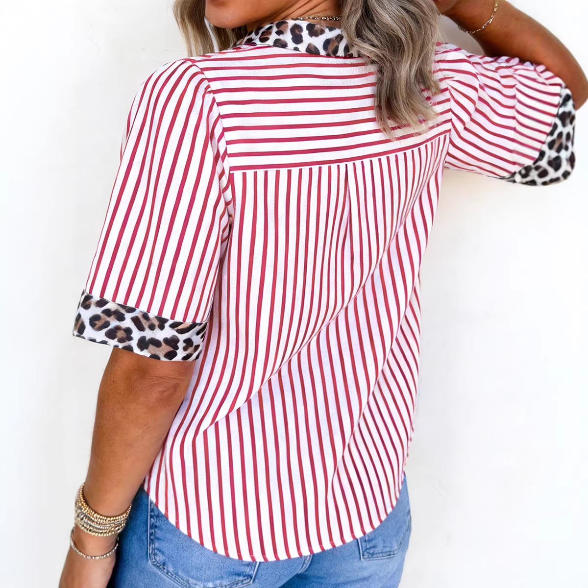 Red Stripe Leopard Contrast Trim Half Button Blouse