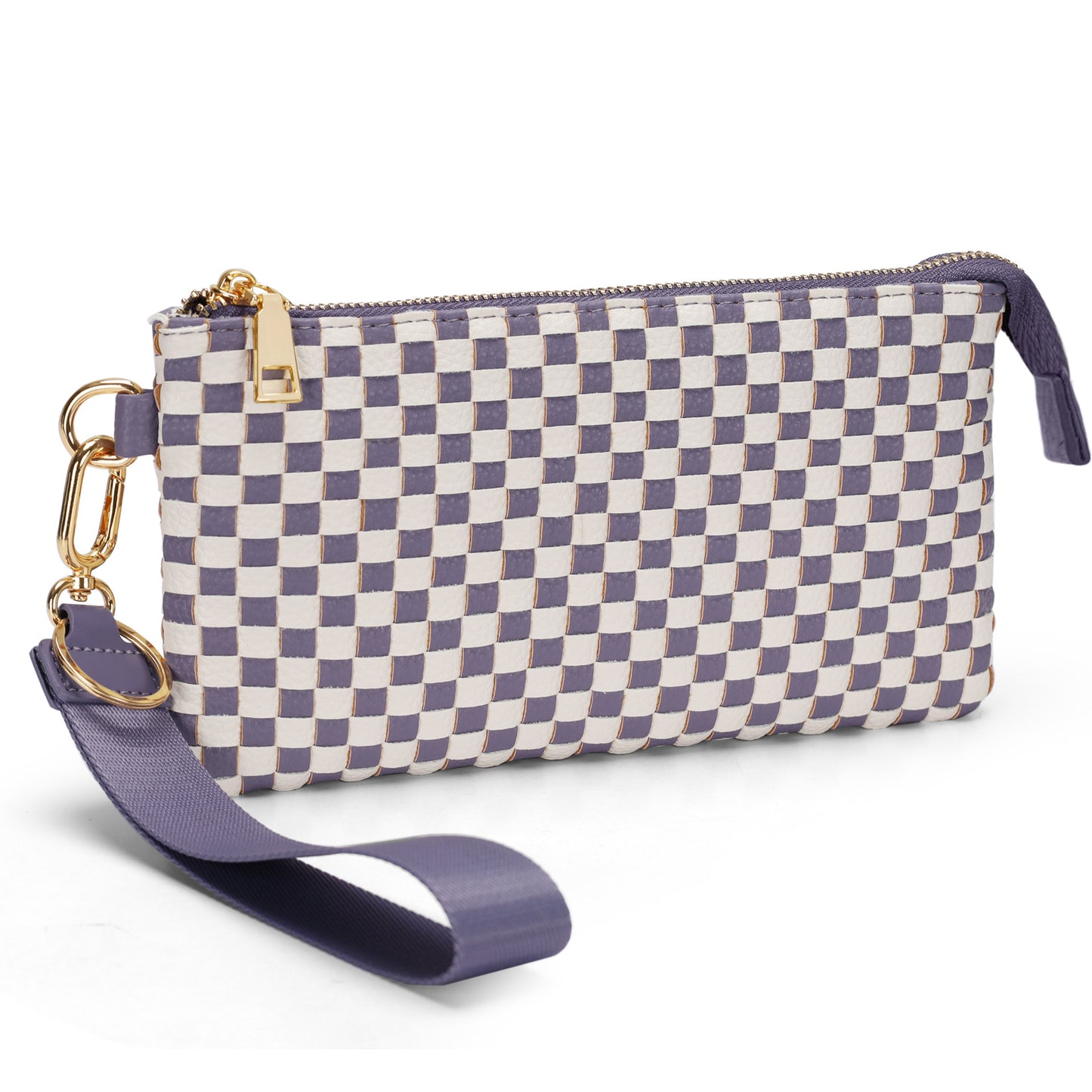 Checkered Woven Clutch Wristlet PU Leather Large Size Patterned Wallet