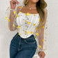 Floral Embroidery Off Shoulder Lantern Sleeve Curved Hem Top