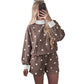 Brown Polka Dot Ribbed Trim Long Sleeve Top Casual Short Set