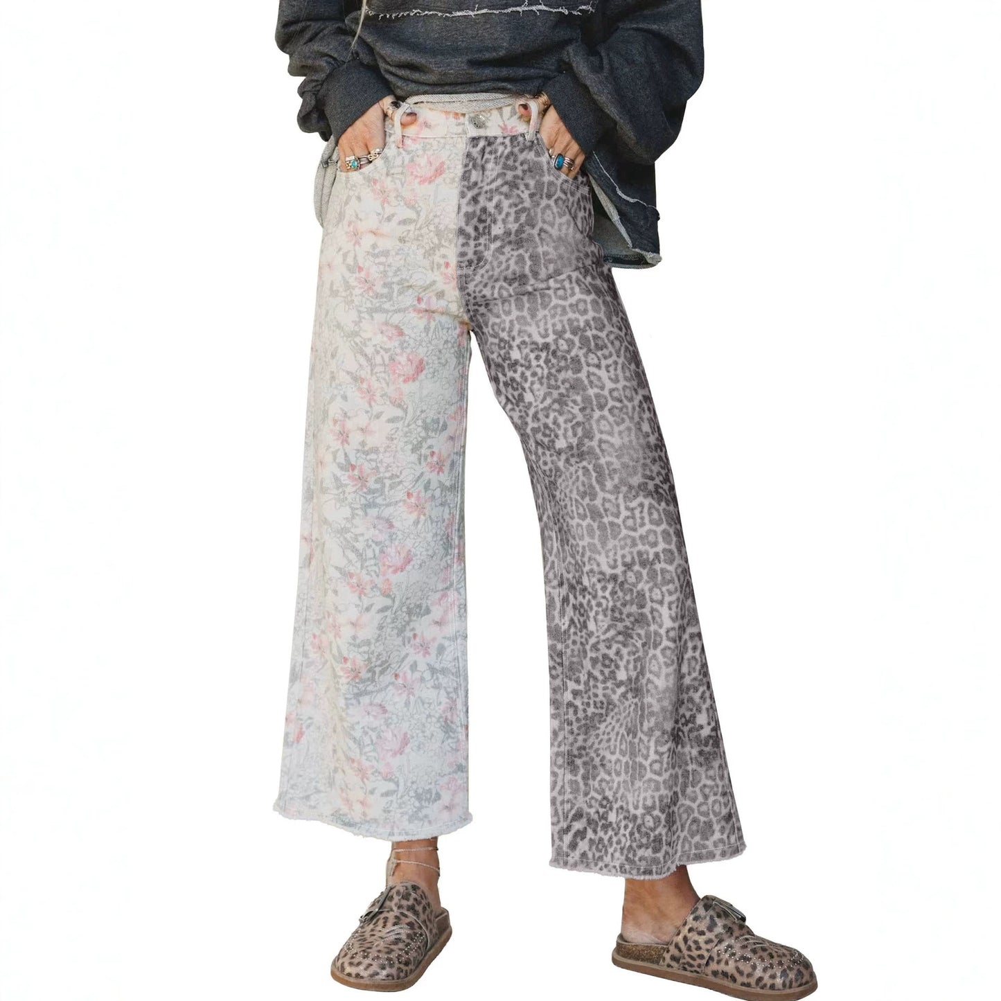 Multicolour Retro Floral Leopard Contrast Patchwork Raw Hem Jeans