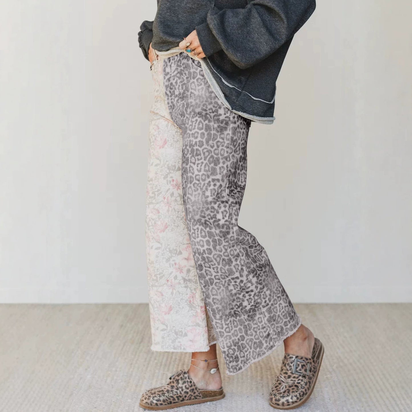 Multicolour Retro Floral Leopard Contrast Patchwork Raw Hem Jeans