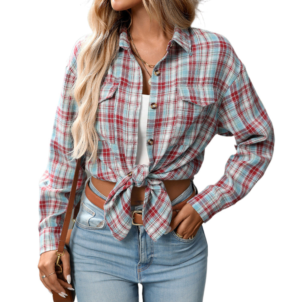 Loose Plaid Pocket Shirt for Women