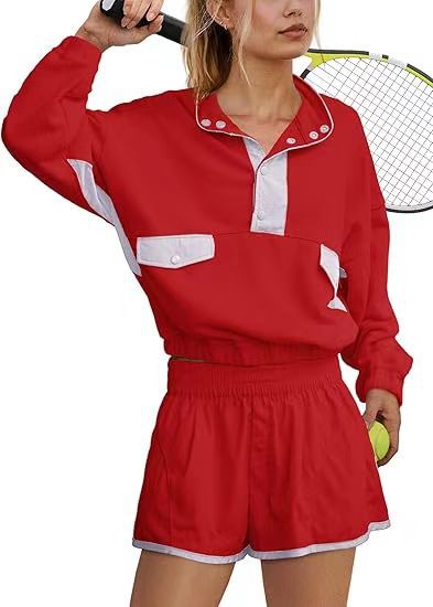 Contrast Color Stitching Long-sleeved Top and Shorts Set(moq2）